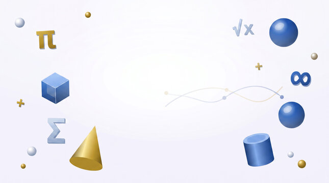 3D mathematics symbols and geometric shapes in blue and gold floating on white background, minimal math education banner with copy space