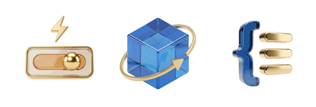 Set of 3D glass and gold icons with toggle switch, rotating cube and code brackets isolated on white background