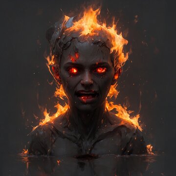 Burning figure with glowing eyes rising from dark water