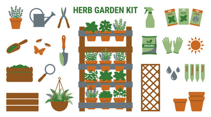 Fototapeta premium Herb Garden Kit Illustration with Vertical Planter and Gardening Tools for Home Cultivation