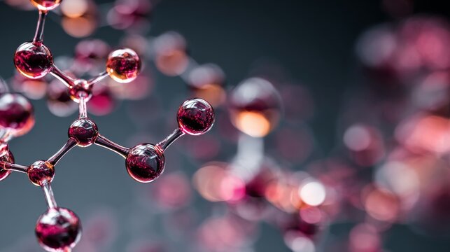 Horizontal glass molecule model with detailed molecular structure, transparent chemical bonds and atoms, scientific research concept, chemistry and biotechnology visualization, molecular science backg