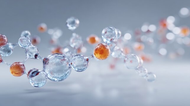Horizontal glass molecule model with detailed molecular structure, transparent chemical bonds and atoms, scientific research concept, chemistry and biotechnology visualization, molecular science backg