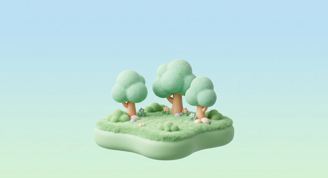 Cute 3D miniature island with green trees and flowers on soft pastel gradient background, minimal nature concept with copy space