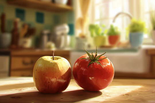 Apple tomato kitchen sunlight wooden table fresh fruit vegetable healthy natural red yellow organic morning home interior rustic bright juicy ripe comparison side by side vibrant nutrition cooking