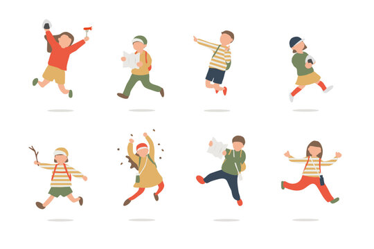 秋の遠足を楽しむ子どもたちの人物イラストセット
