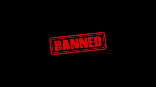 Banned rubber stamp animation. Banned Stamp textured bold text motion. Up to down stamp zooming and hit effect 4k video.