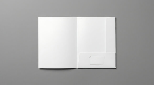 Blank Open White Paper Folder or Document Organizer with Inner Pocket on a Plain Gray Background