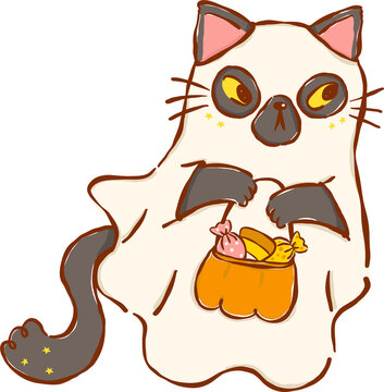 Halloween Black Cat Ghost with Pumpkin Basket Cartoon Hand Drawn