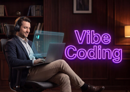 Professional software developer using laptop with digital interface and neon text in cozy library office setting displaying high productivity and modern technical programming skills today