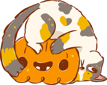 Cute Halloween Calico Cat Hugging Jack o lantern Pumpkin Cartoon Hand Drawn