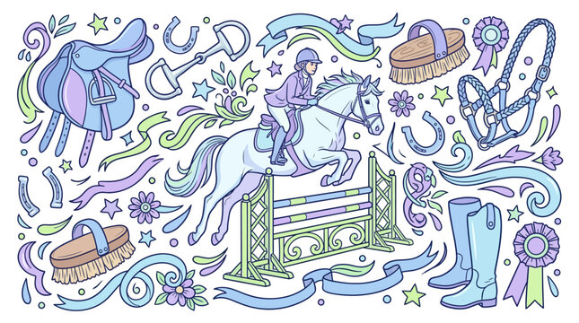 A whimsical hand-drawn illustration depicts a rider on horseback jumping over an obstacle, surrounded by decorative equestrian icons and floral elements in a soft pastel color palette.