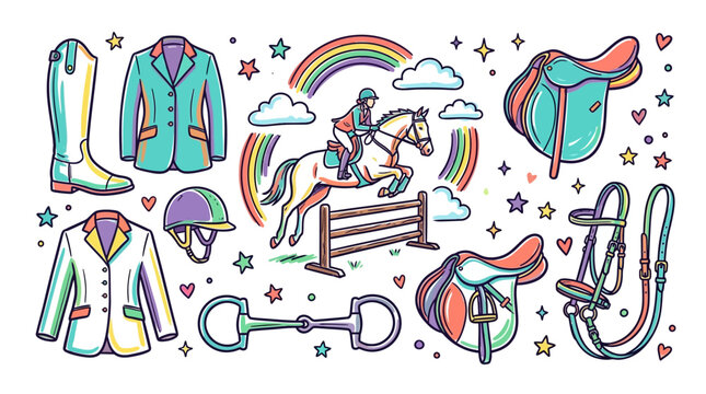 A colorful cartoon illustration featuring equestrian elements including a rider jumping a horse over a fence, a saddle, a helmet, and a jacket, decorated with rainbows, clouds, and stars.
