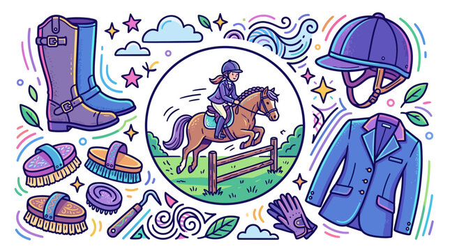 A colorful cartoon illustration of a young female equestrian jumping a hurdle on a brown horse, surrounded by playful doodles of horse riding gear and decorative elements.