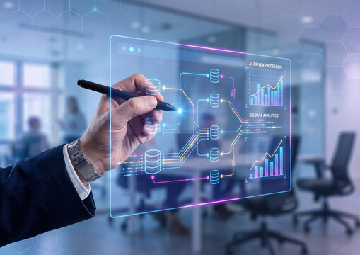 Data analyst hand interacting with futuristic holographic interface displaying big data analytics charts graphs and cloud database management systems in a modern professional corporate office