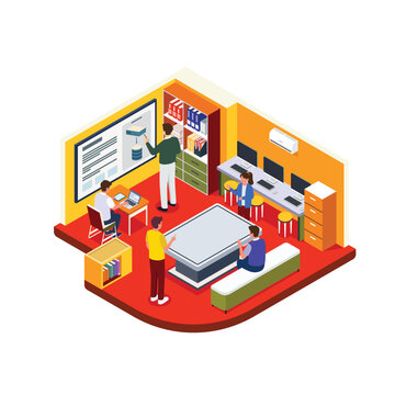 Isometric Modern Classroom with Students Using Laptops and Teacher Explaining