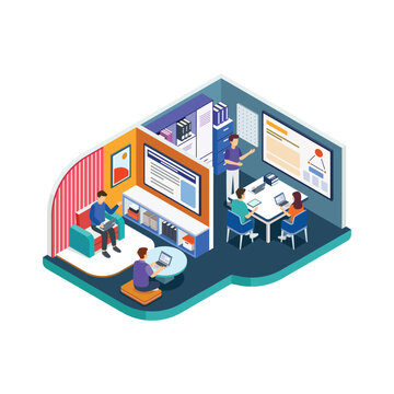 Isometric Team Meeting and Training Session in Modern Office or School