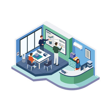 Isometric Modern Study Space Illustration with Teacher Explaining