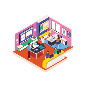 Isometric Digital Workplace Concept with Computer Setup, Presentation Screen and Lounge Corner