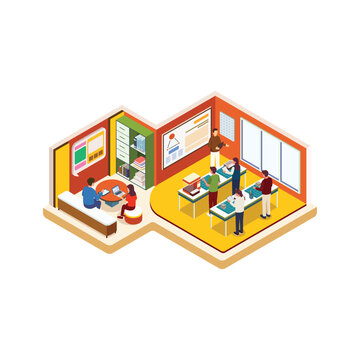 Isometric Digital Workplace Concept with Instructor Teaching and Students Working