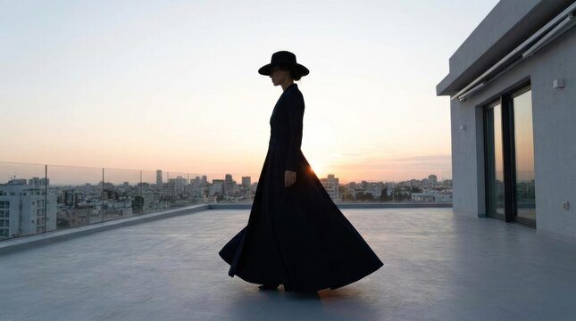 Silhouetted woman on rooftop at sunset.