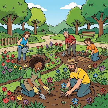 Diverse group of people gardening in a park
