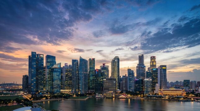 Singapore city skyline at Marina Bay during a dramatic sunset evening.