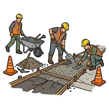 Construction workers pouring concrete on white background