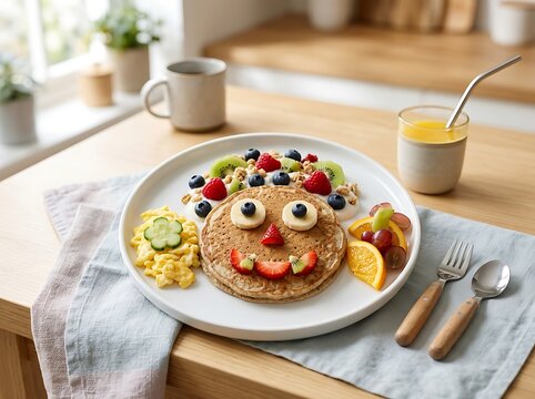 Fun Healthy Food Kids Plate Featuring Pancake Face and Fresh Fruits