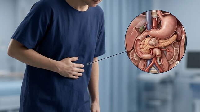 Man holding his stomach in pain next to an anatomical illustration highlighting pancreatic cancer or pancreatitis.