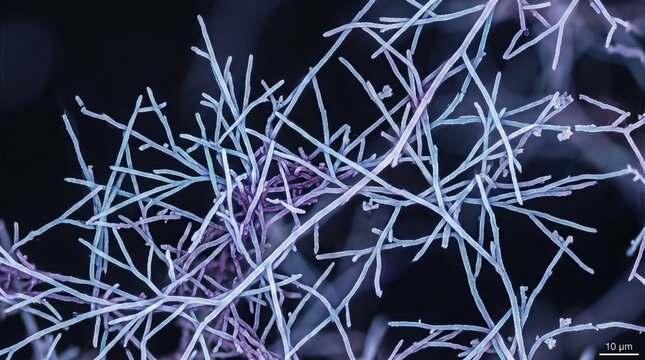 Scanning electron micrograph of branching fungal hyphae or actinobacteria