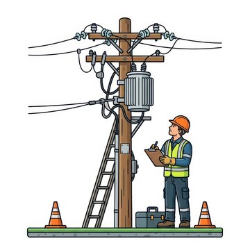 Electrician inspecting utility pole with clipboard