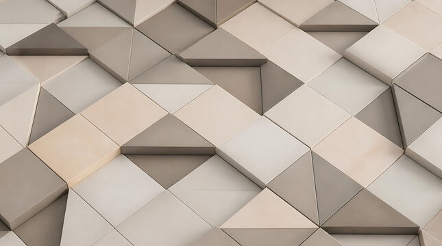 Close up of 3D geometric relief wall tiles with diagonal panels in neutral beige tones for modern interior architecture and background design