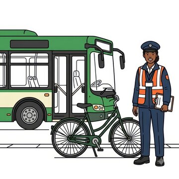 Bus driver with bicycle on white background
