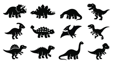 Obraz premium A set of various cute dinosaurs silhouette vector illustration on a white background 