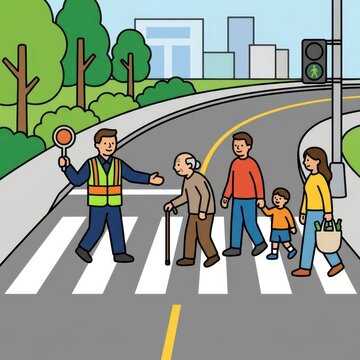 Crossing guard helping people cross the street