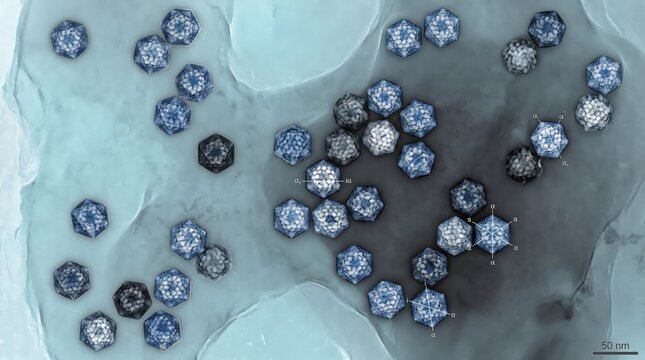 Electron micrograph of viral capsids with scientific structural annotations