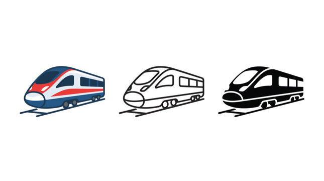 Modern high speed bullet train icon set displaying colored outline and solid black vector graphics isolated on white background