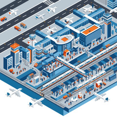 Fototapeta premium Isometric cityscape with airport and transportation hubs.