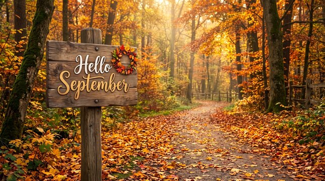 Autumn forest path with wooden sign saying Hello September