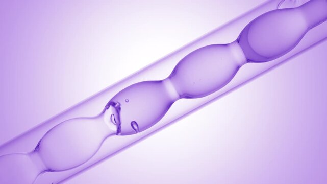 Detailed frame of air bubbles rising through pale violet transparent solution as it fills and drains from an inclined bulb laboratory condenser on purple ramp background