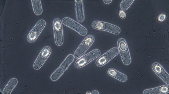 Microscopic view of rod-shaped bacteria with bright endospores