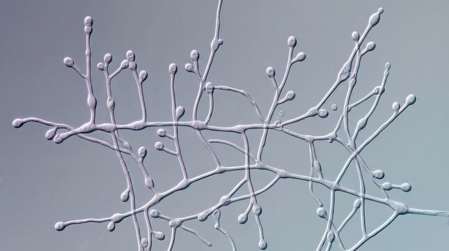 Microscopic View of Fungal Hyphae Network with Spores