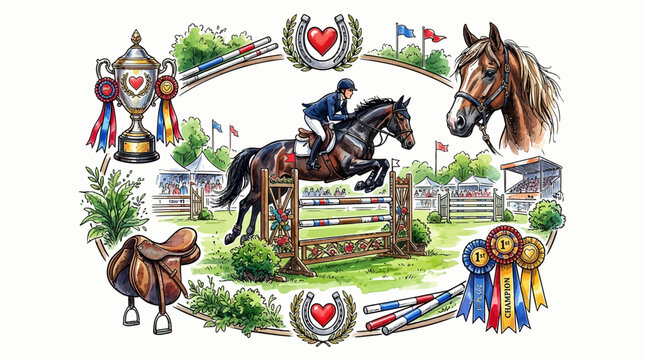 A watercolor illustration depicts a horse and rider jumping over a wooden fence at an equestrian competition, surrounded by decorative elements like saddles, ribbons, and a heart-shaped horseshoe.