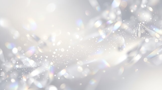 Abstract bright white featuring floating crystal shards and diamond dust with soft bokeh lights and prism refraction effects, creating an elegant ethereal atmosphere suitable