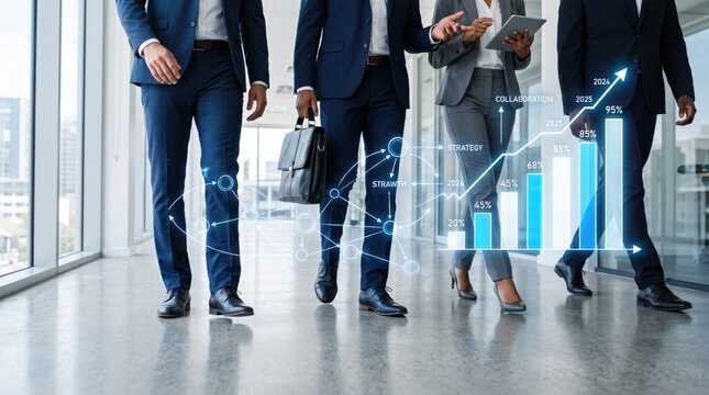 Business team walking in modern office with futuristic holographic growth chart, strategy, collaboration, and success data visualization overlay, corporate finance