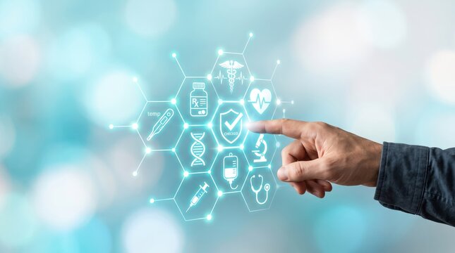 Hand touching virtual medical interface with hexagonal icons representing healthcare, DNA, pharmacy, and diagnostics, futuristic telemedicine, digital health technology