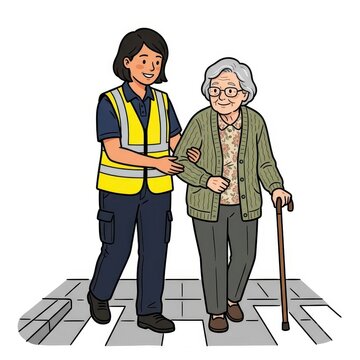 Caregiver helping elderly woman walk across street
