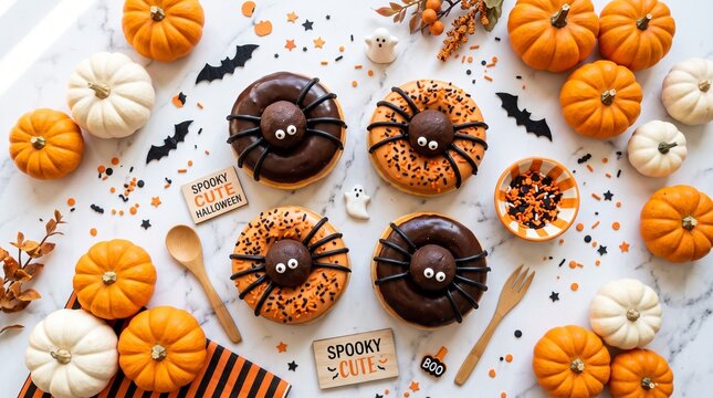 Adorable spider-themed donuts for Halloween, surrounded by mini pumpkins, bat cutouts, and festive confetti on a white marble surface.