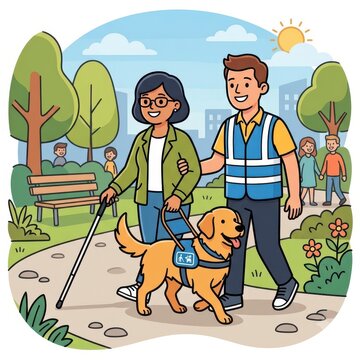 Blind woman walking with guide dog and assistant
