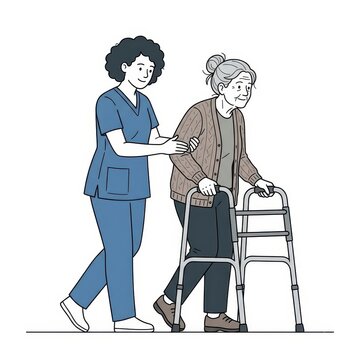 Caregiver helping senior woman with walker
